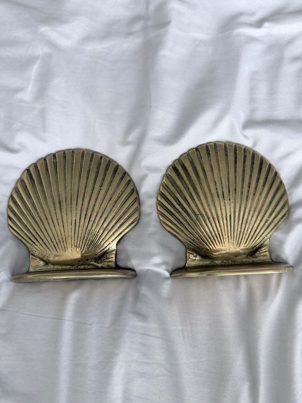 Vintage Solid Brass Scallop Shell Bookends Nautical Coastal Decor Set of 2